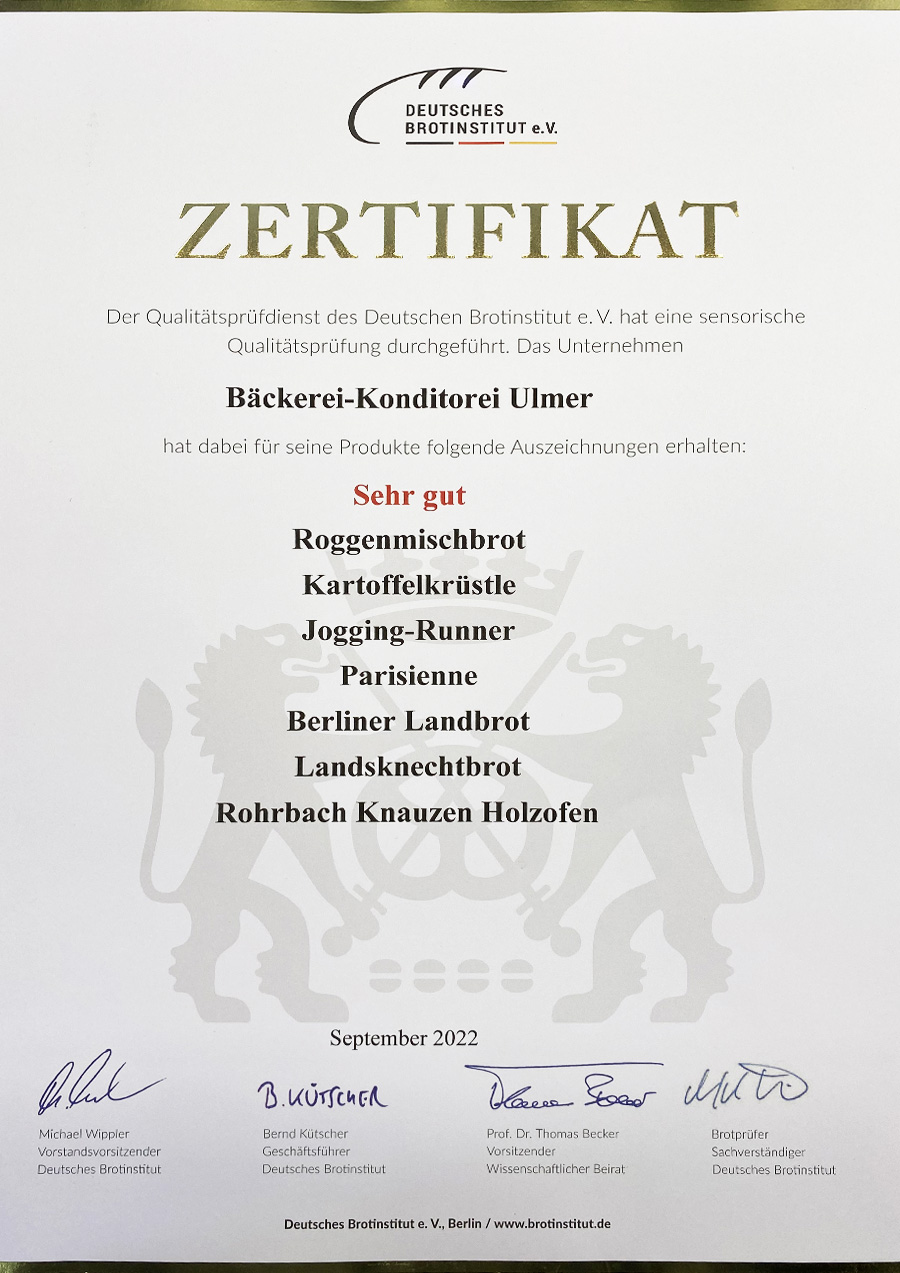Zertifikat, Brotinstitut, Sehr Gut, Roggenmischbrot, Karoffelkrüstle, Jogging-Runner, Parisienne, Berliner Landbrot, Landsknechtbrot, Rohrbach Knauzen