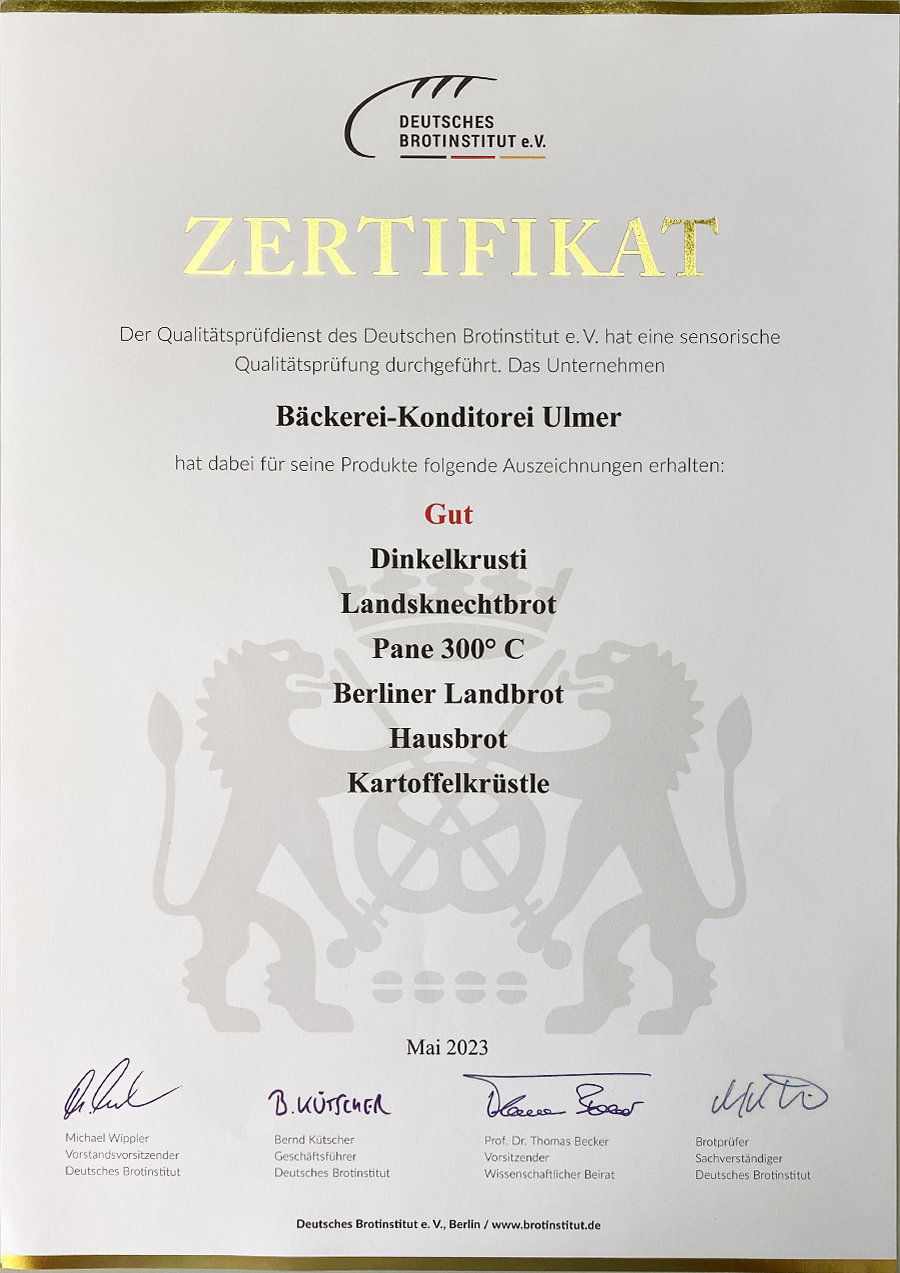 Zertifikat, Brotinstitut, Gut, Dinkelkrusti, Landsknechtbrot, Pane300, Berliner Landbrot, Hausbrot, Kartoffelkrüstl